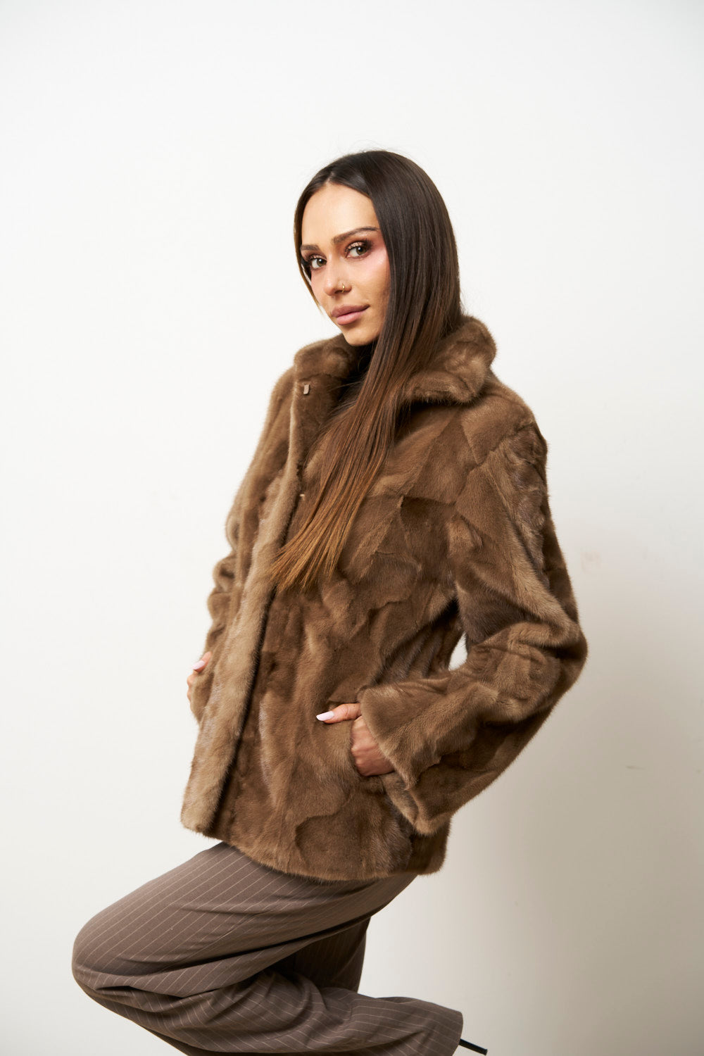 Manteau en Fourrure de Vison Naturel pour Femme, Cambrata, Brun Pastel, Mareus