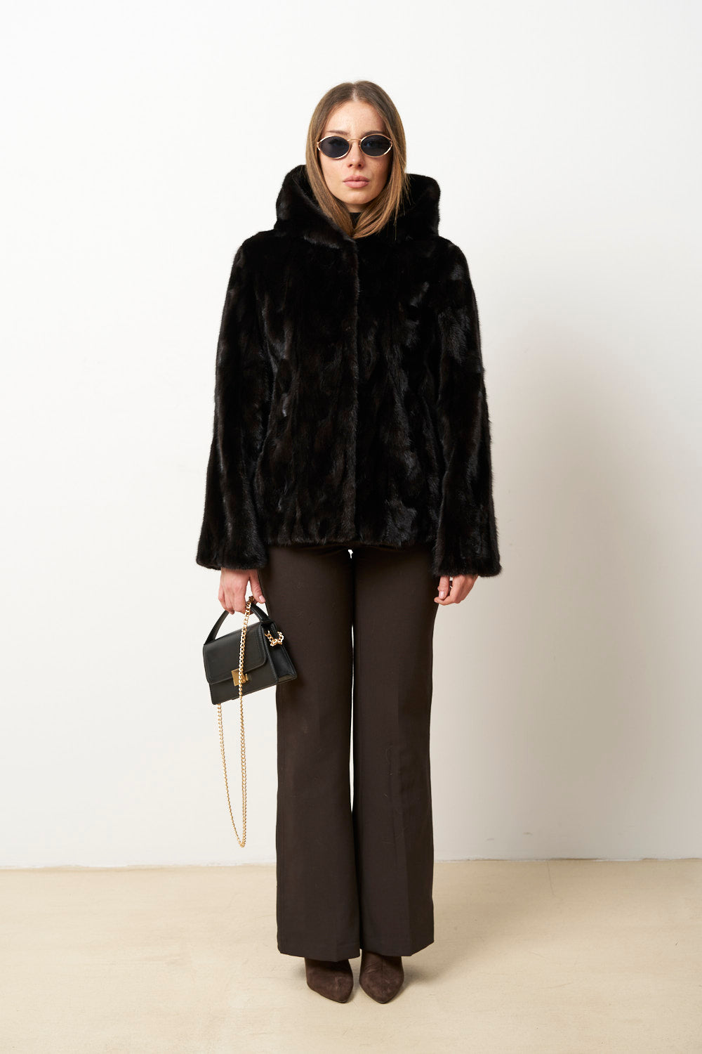 Manteau en Fourrure de Vison Naturel avec Capuche pour Femme, Cambrata, Noir, Mareus