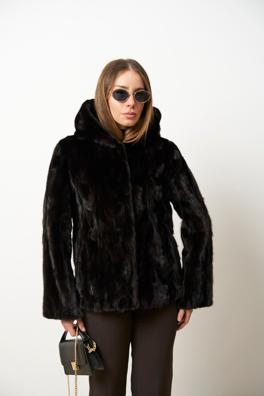 Manteau en Fourrure de Vison Naturel avec Capuche pour Femme, Cambrata, Noir, Mareus