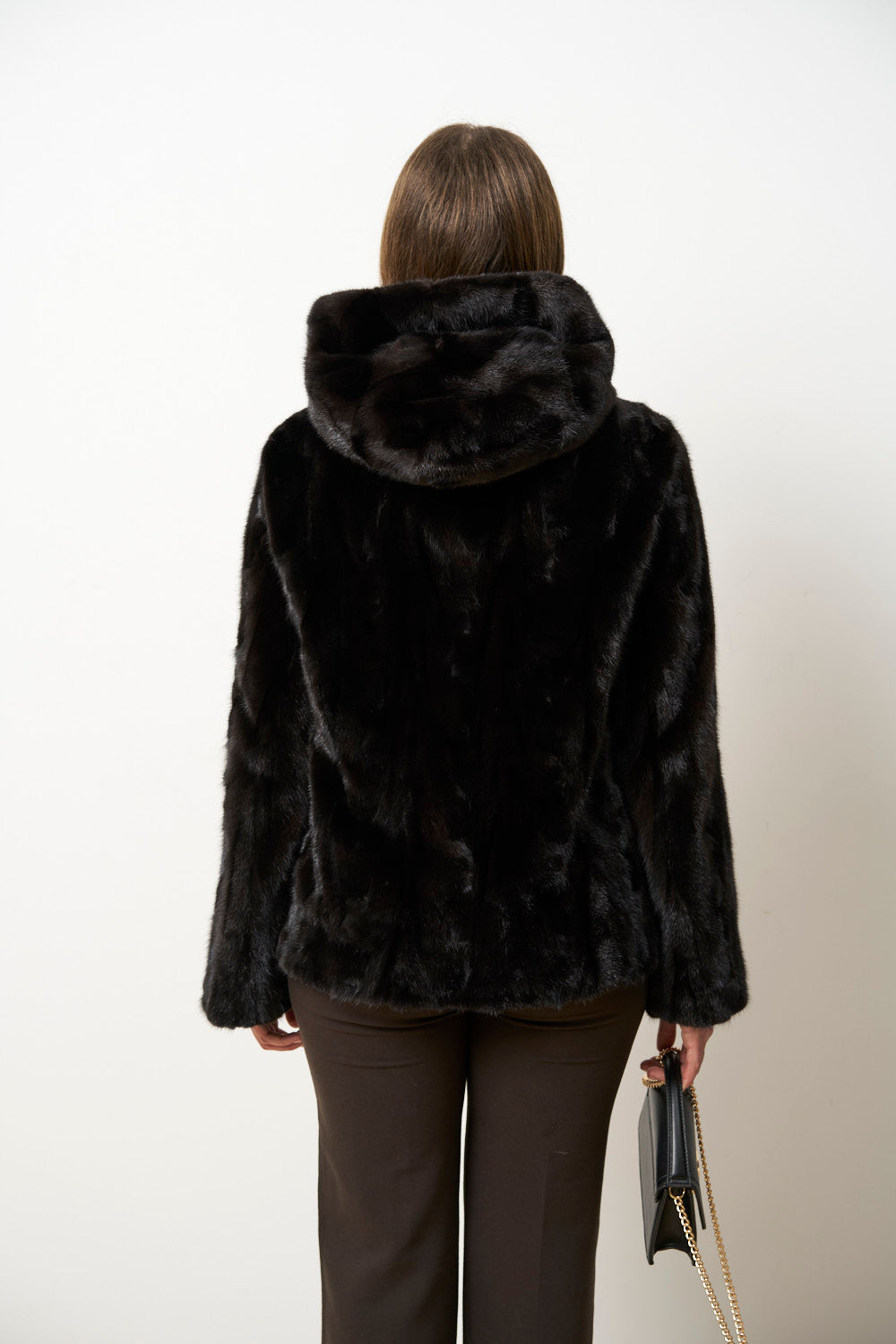 Manteau en Fourrure de Vison Naturel avec Capuche pour Femme, Cambrata, Noir, Mareus