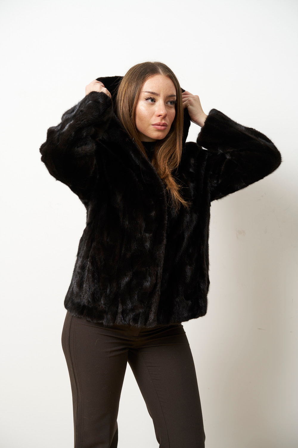 Manteau en Fourrure de Vison Naturel avec Capuche pour Femme, Cambrata, Noir, Mareus