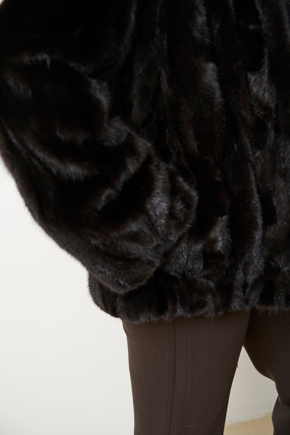 Manteau en Fourrure de Vison Naturel avec Capuche pour Femme, Cambrata, Noir, Mareus