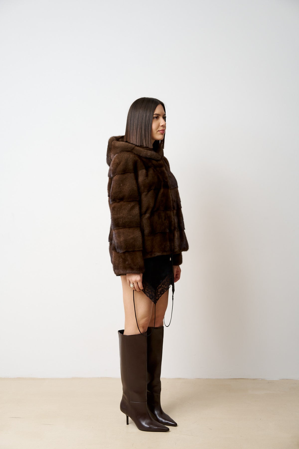 Manteau en fourrure de vison naturel, avec capuche, femme, marron, Mareus