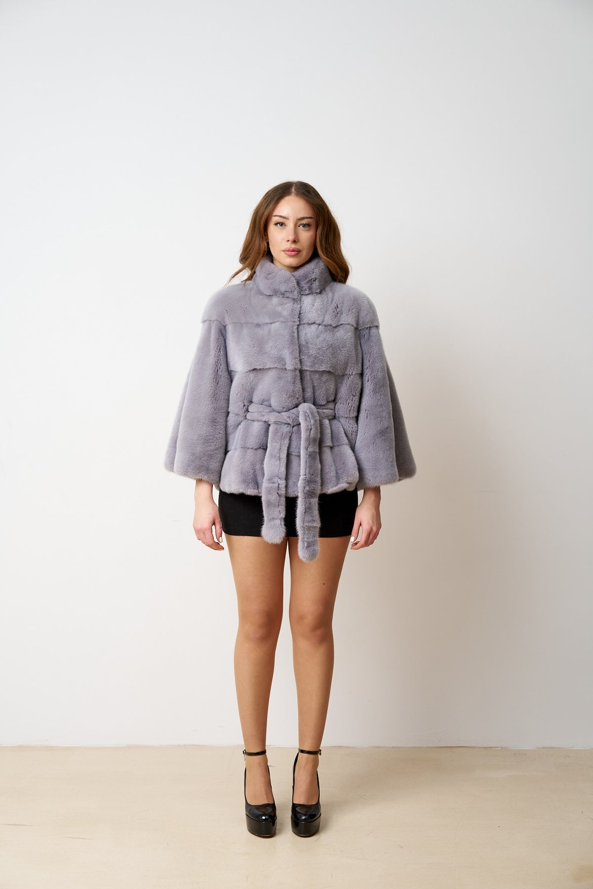 Natural Mink Fur Coat With Drawstring, Women, Lilac 483