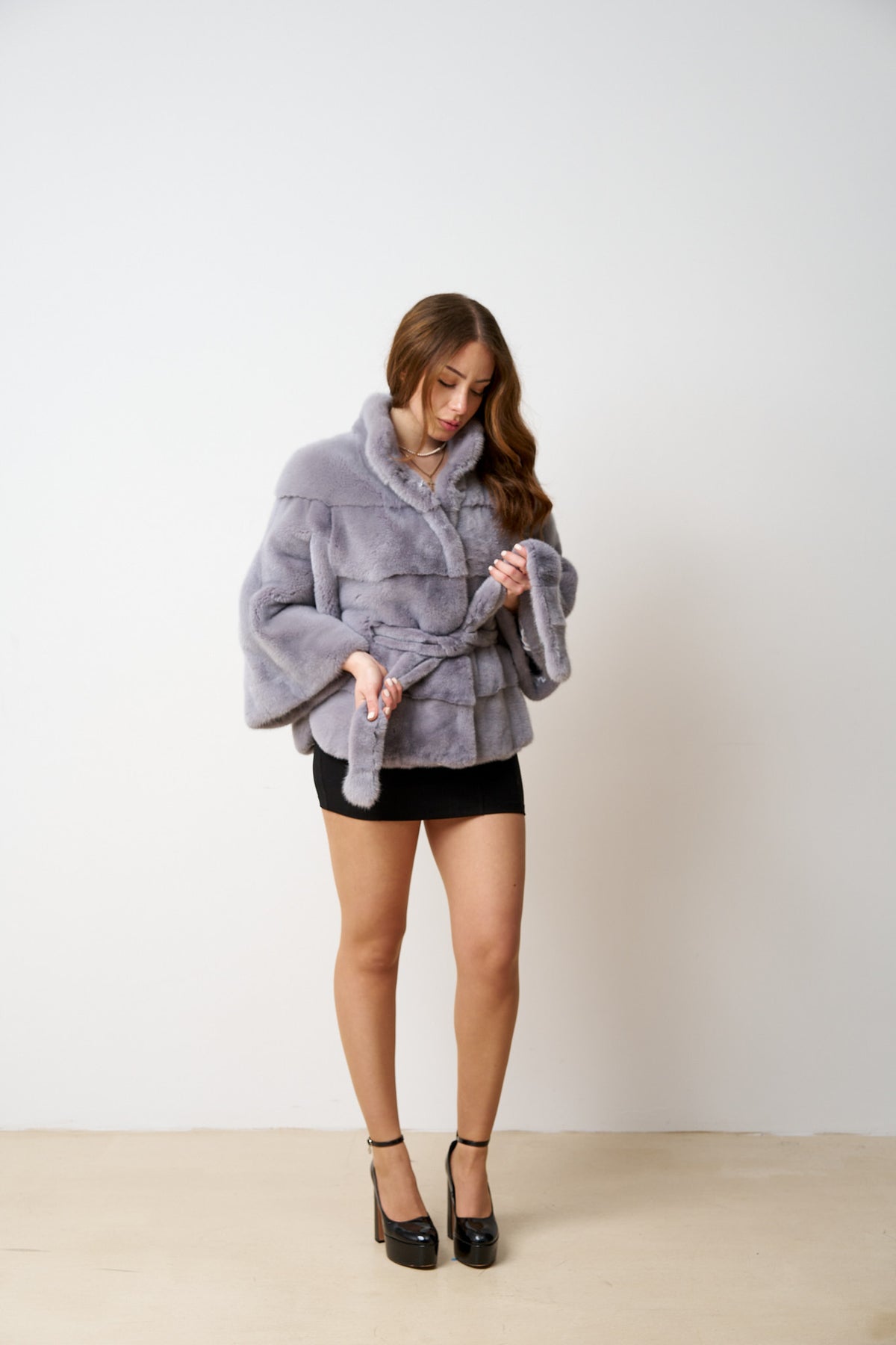 Natural Mink Fur Coat With Drawstring, Women, Lilac 483