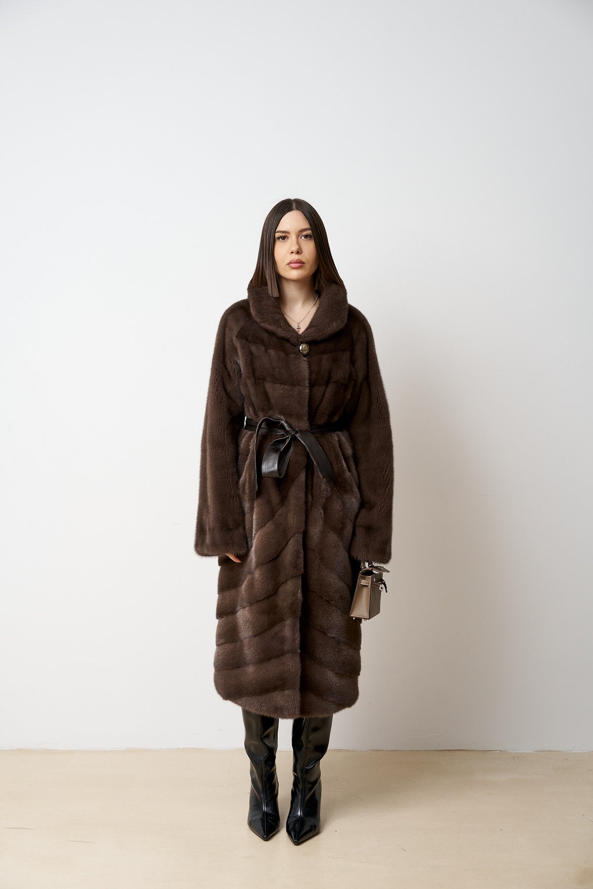 Natural Mink Fur Coat with Cord, Brown, Mareus