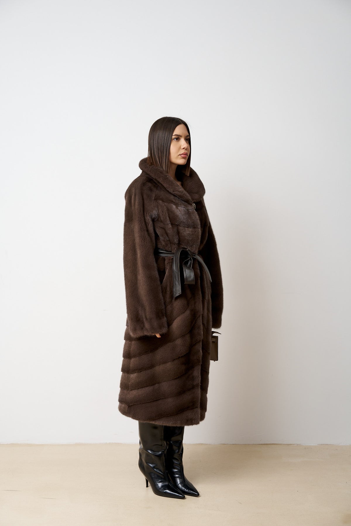 Natural Mink Fur Coat with Cord, Brown, Mareus