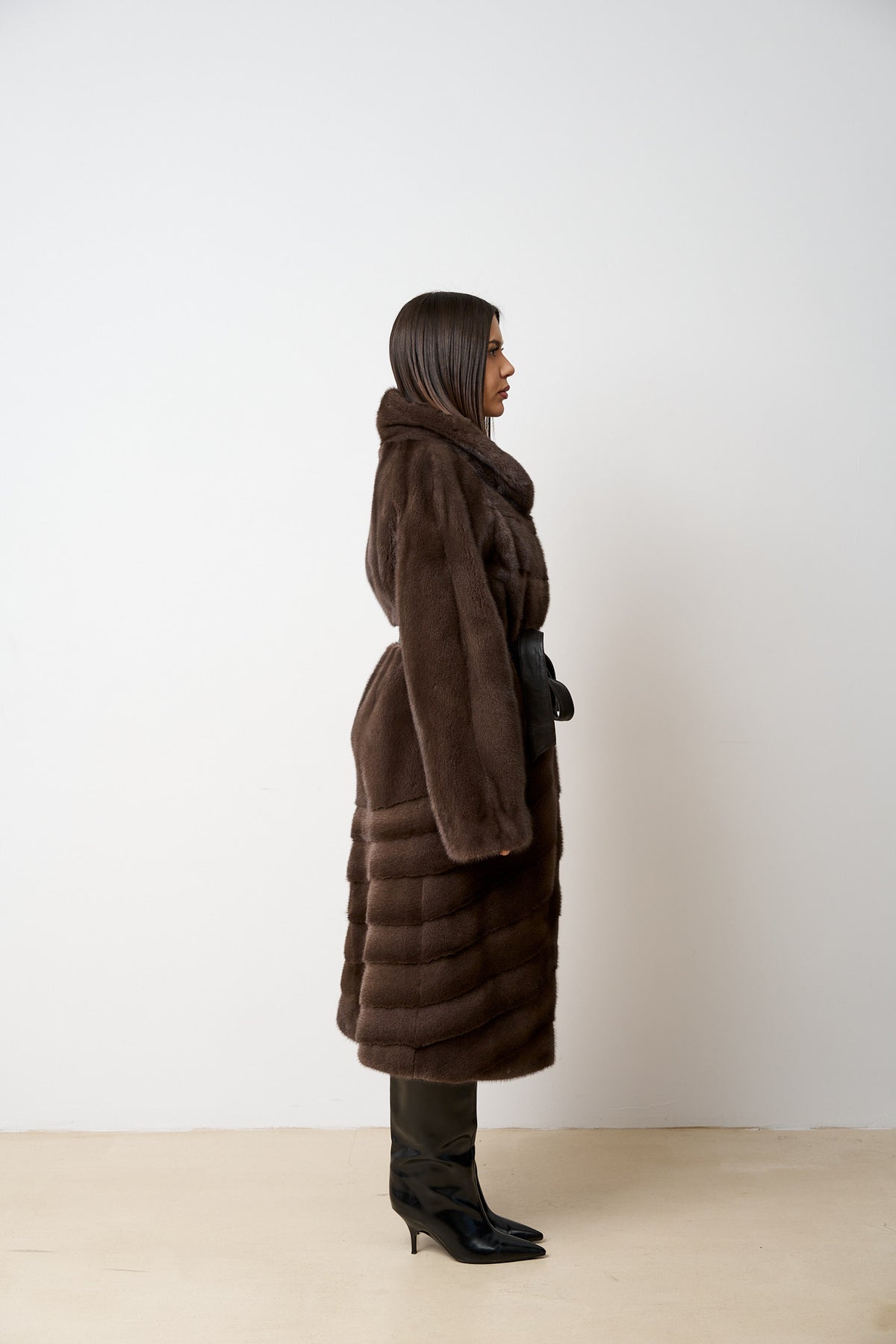 Natural Mink Fur Coat with Cord, Brown, Mareus