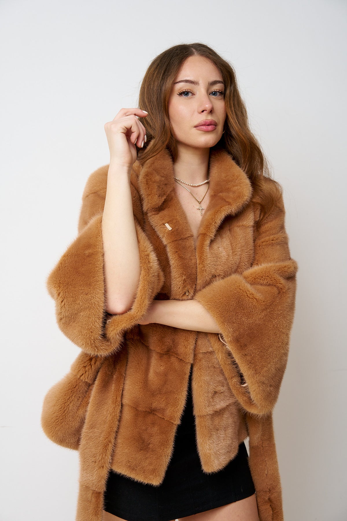 Manteau en fourrure de vison naturelle, avec cordon, Marron, Femme, Mareus