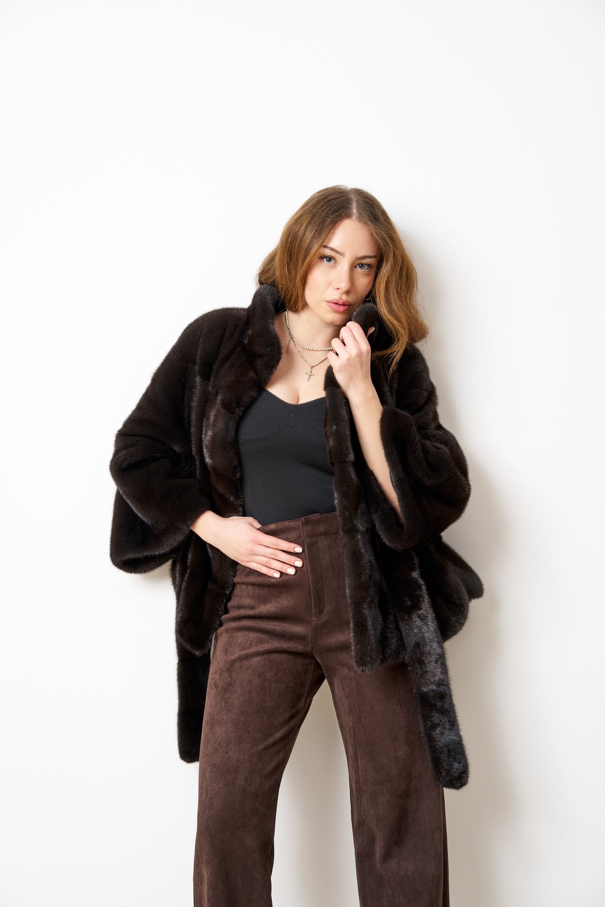 Manteau en Fourrure de Vison Naturelle avec Cordon de Serrage, Femme, Brun Olive 514