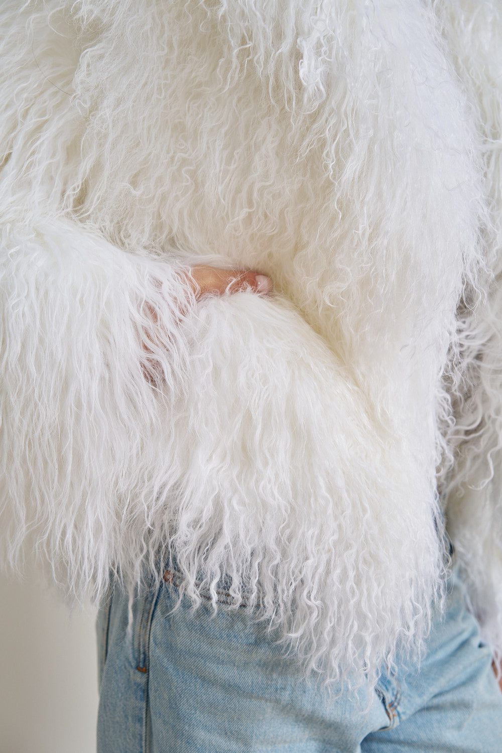 Haina din Blana Naturala de Miel Tibetan, Guler Rever, Oversized, Ivory White 508