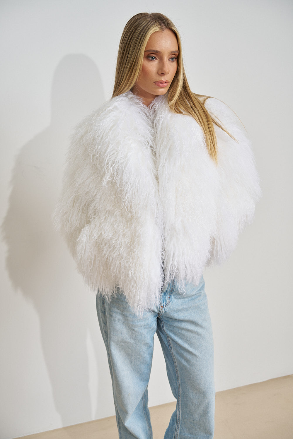 Haina din Blana Naturala de Miel Tibetan, Guler Rever, Oversized, Ivory White 508