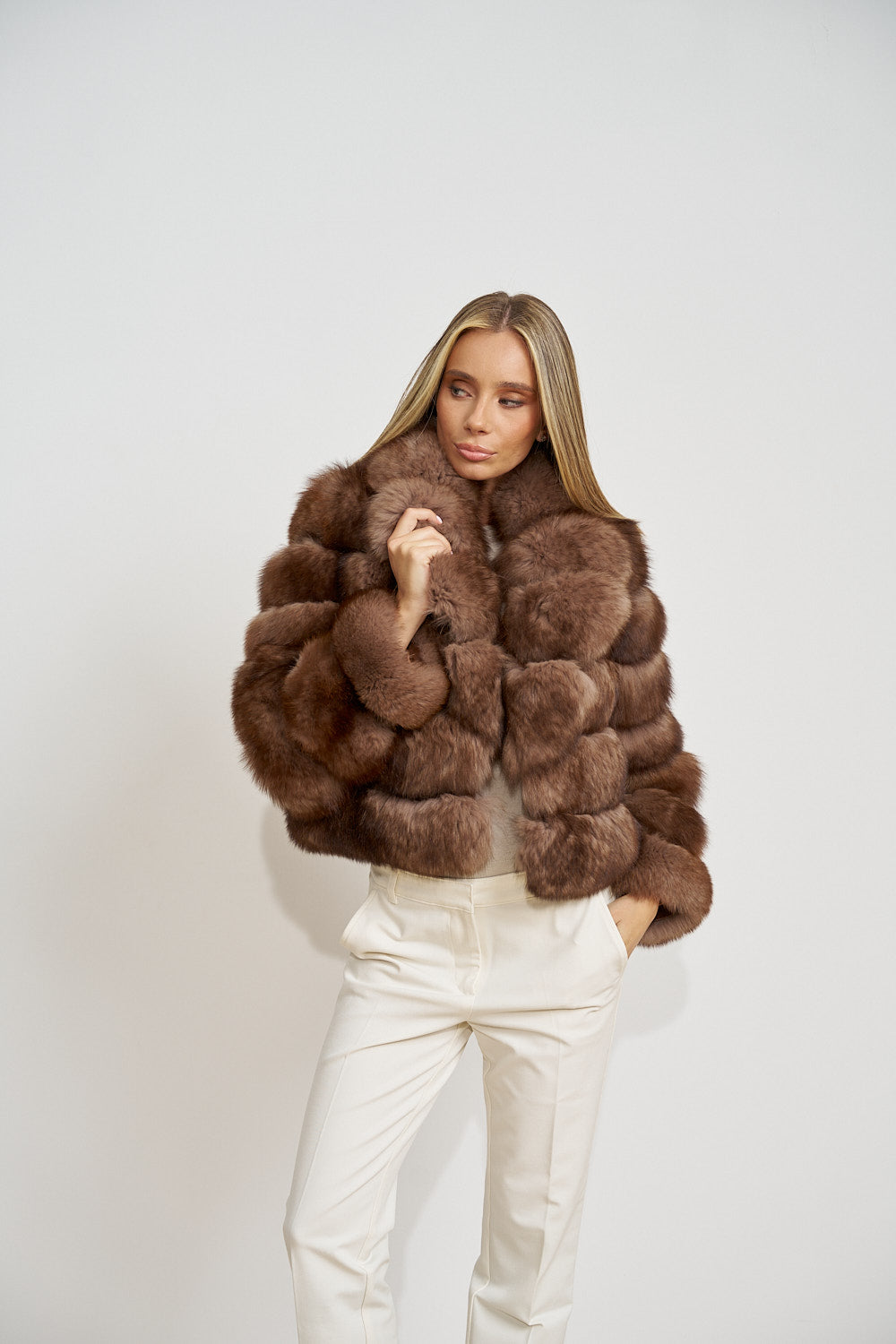Manteau en fourrure naturelle de renard polaire, col à revers, femme, Mocha Glaze 468