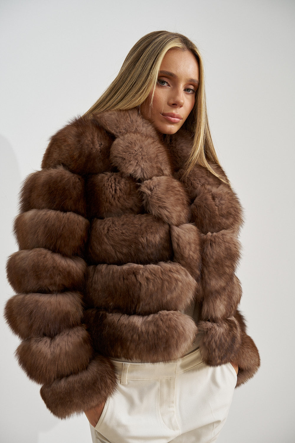 Manteau en fourrure naturelle de renard polaire, col à revers, femme, Mocha Glaze 468