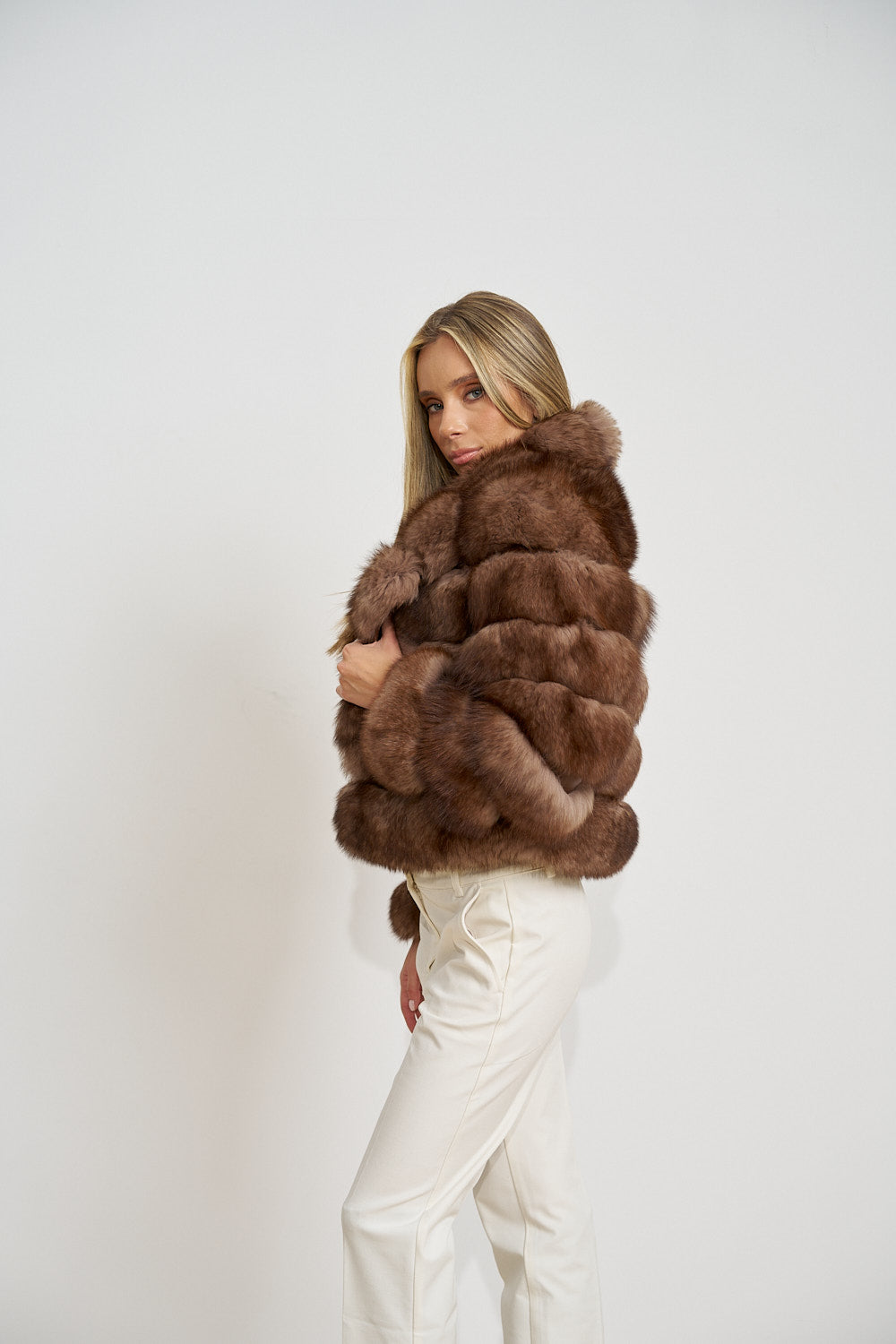 Manteau en fourrure naturelle de renard polaire, col à revers, femme, Mocha Glaze 468