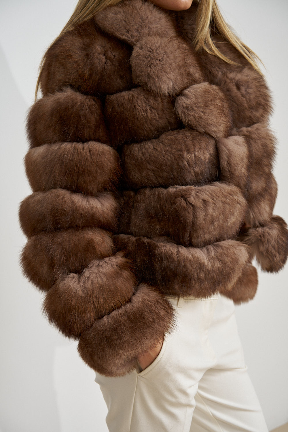 Manteau en fourrure naturelle de renard polaire, col à revers, femme, Mocha Glaze 468