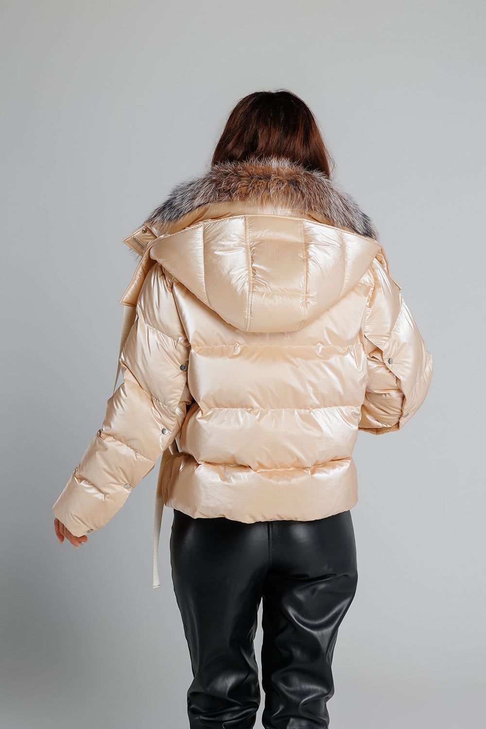 Geacă Textilă cu Blană de Naturală Vulpe, Umplută cu Puf Natural, Impermeabilă,  Femei, Pearl Brown Frost 351