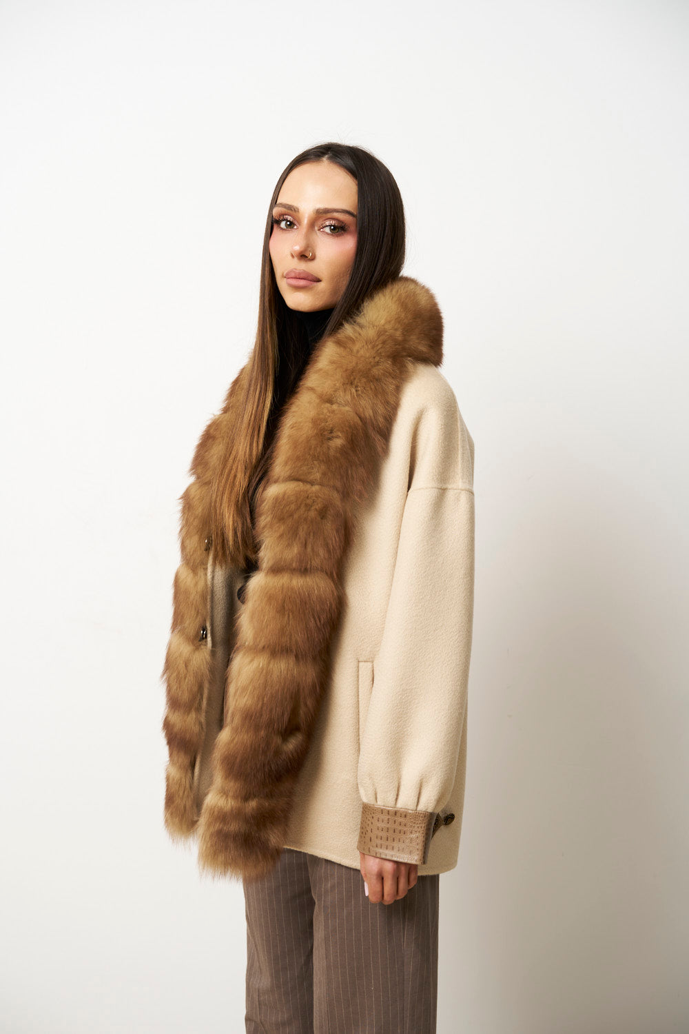 Cappotto in Lana con Collo in Pelliccia di Volpe per Donna, Beige Perla, Mareus