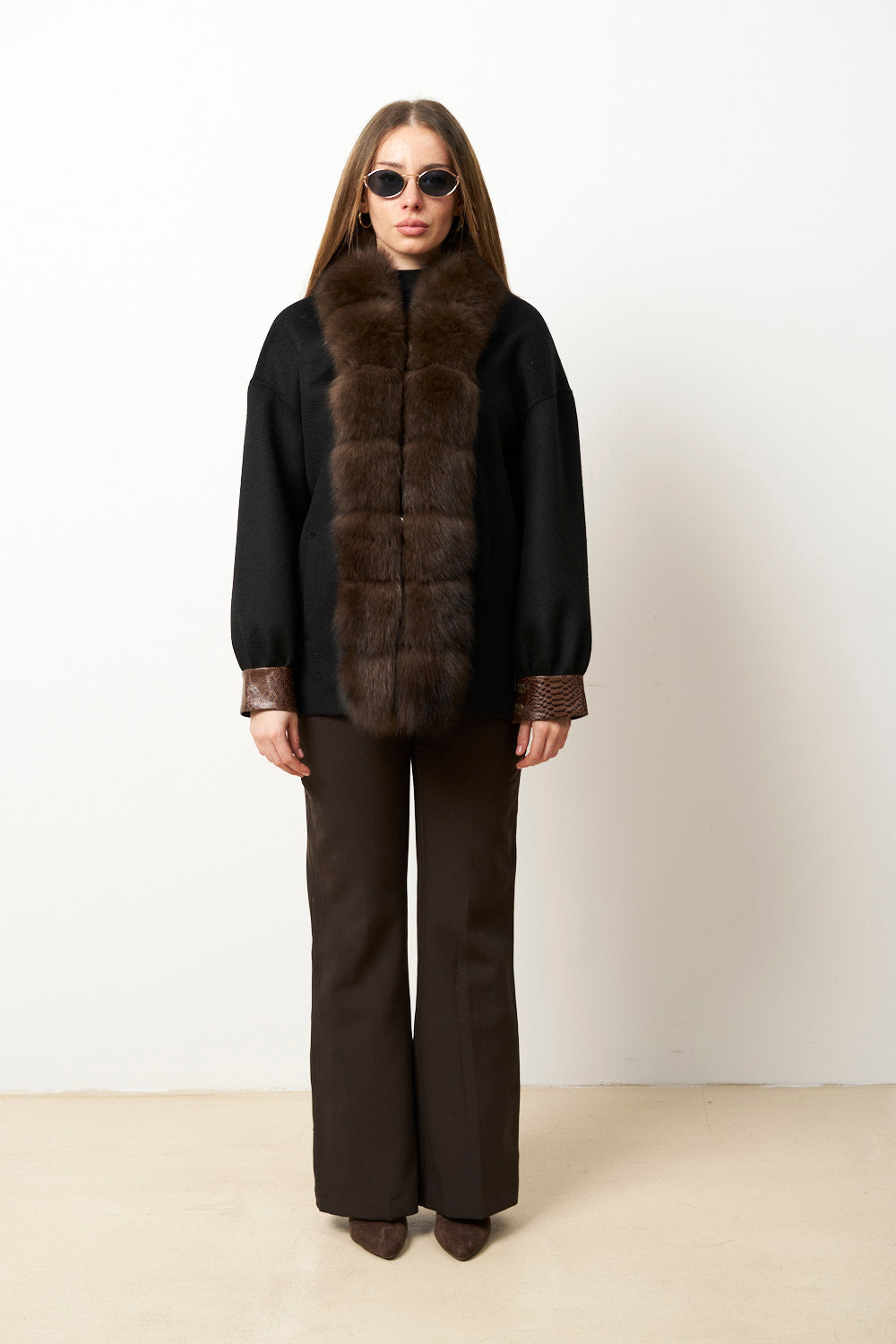 Women's Wool Coat with Fox Fur Collar, Jet Black 639