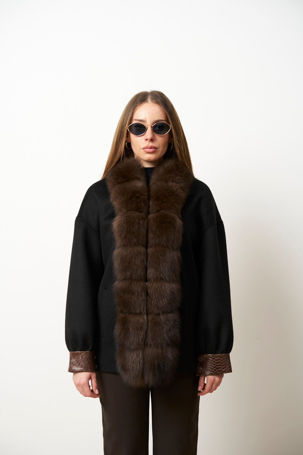 Women's Wool Coat with Fox Fur Collar, Jet Black 639