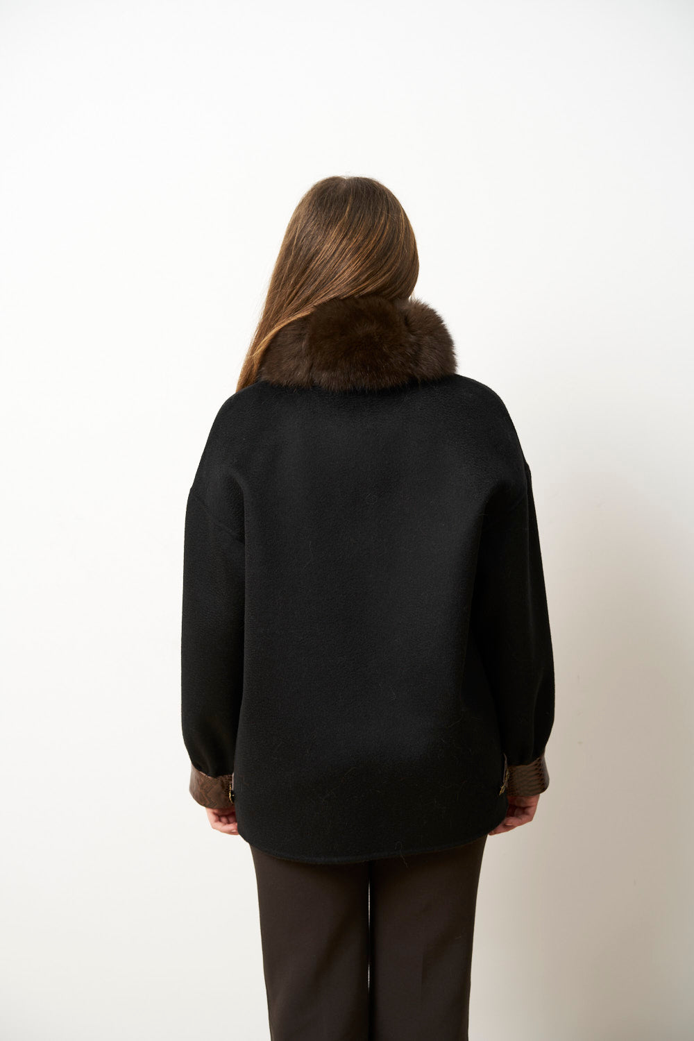 Women's Wool Coat with Fox Fur Collar, Jet Black 639