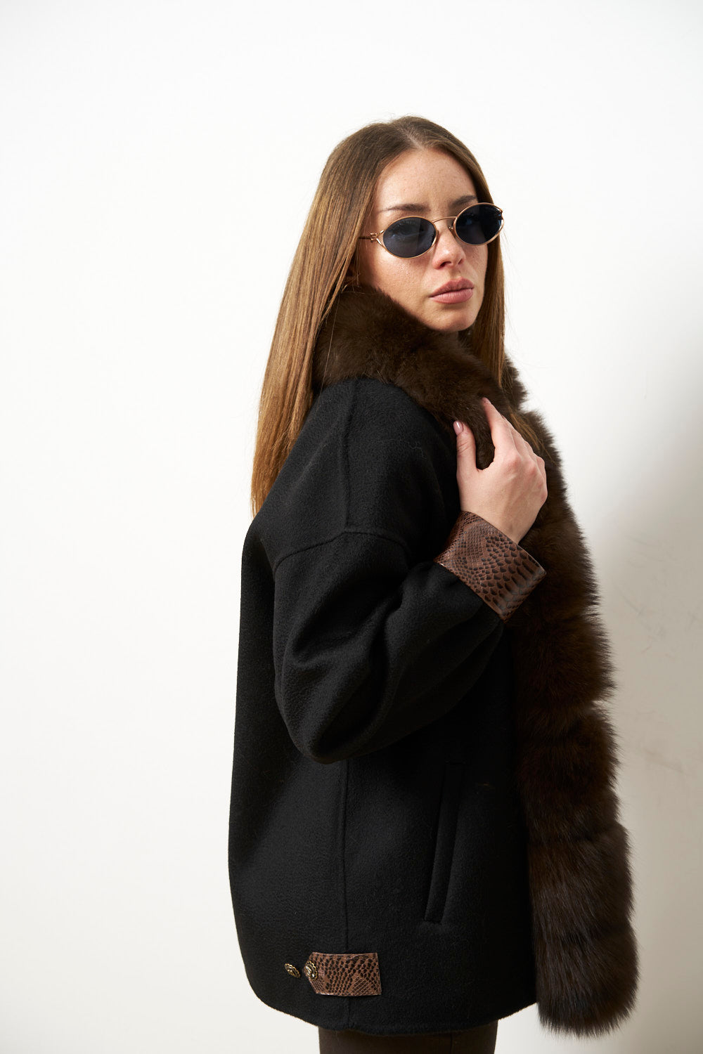 Women's Wool Coat with Fox Fur Collar, Jet Black 639