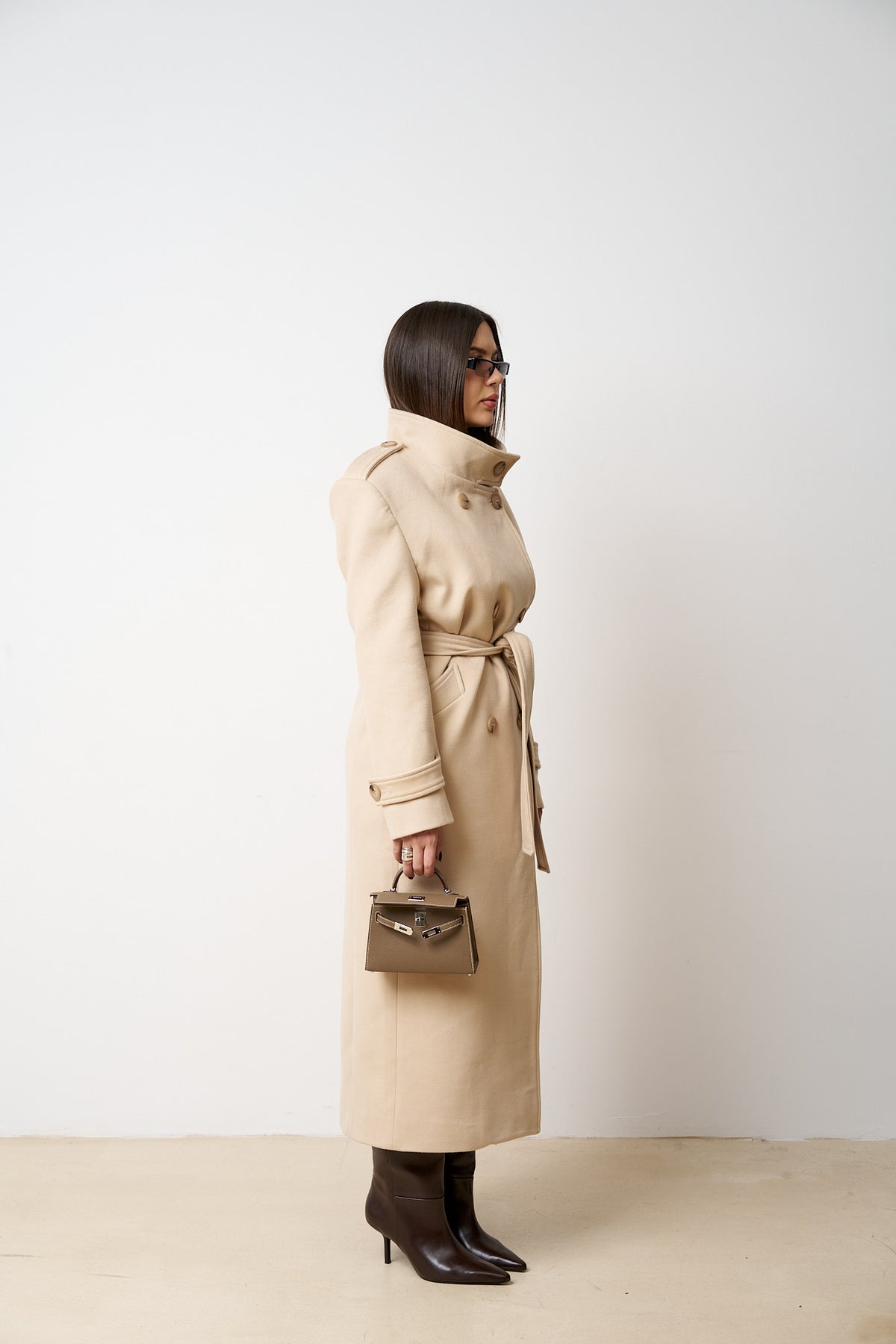 Langer Wollmantel mit Kordelzug, Damen, Sandbeige 523