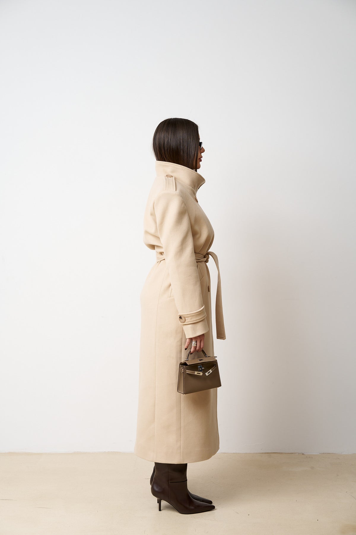 Langer Wollmantel mit Kordelzug, Damen, Sandbeige 523
