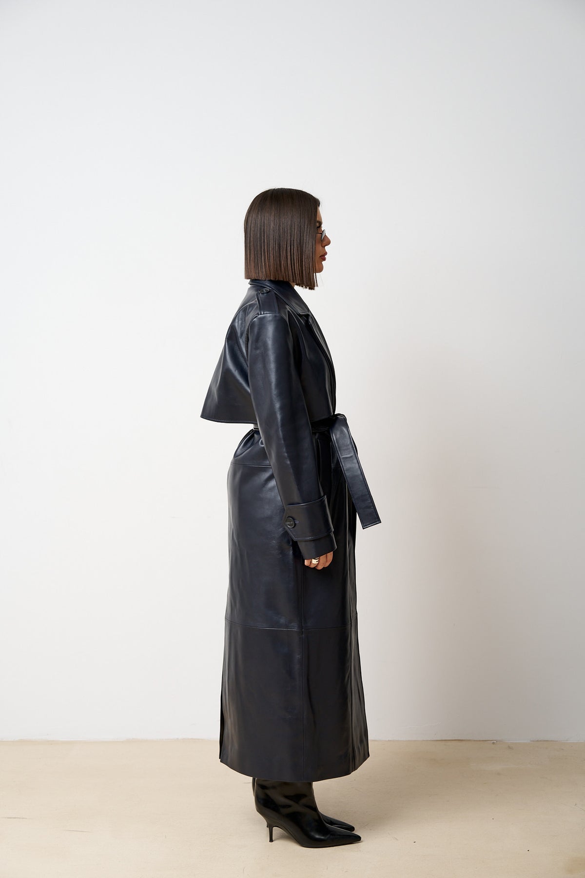 Palton Lung din Piele Naturală, cu Cordon, Femei, Navy Blue Bleumarin, Mareus
