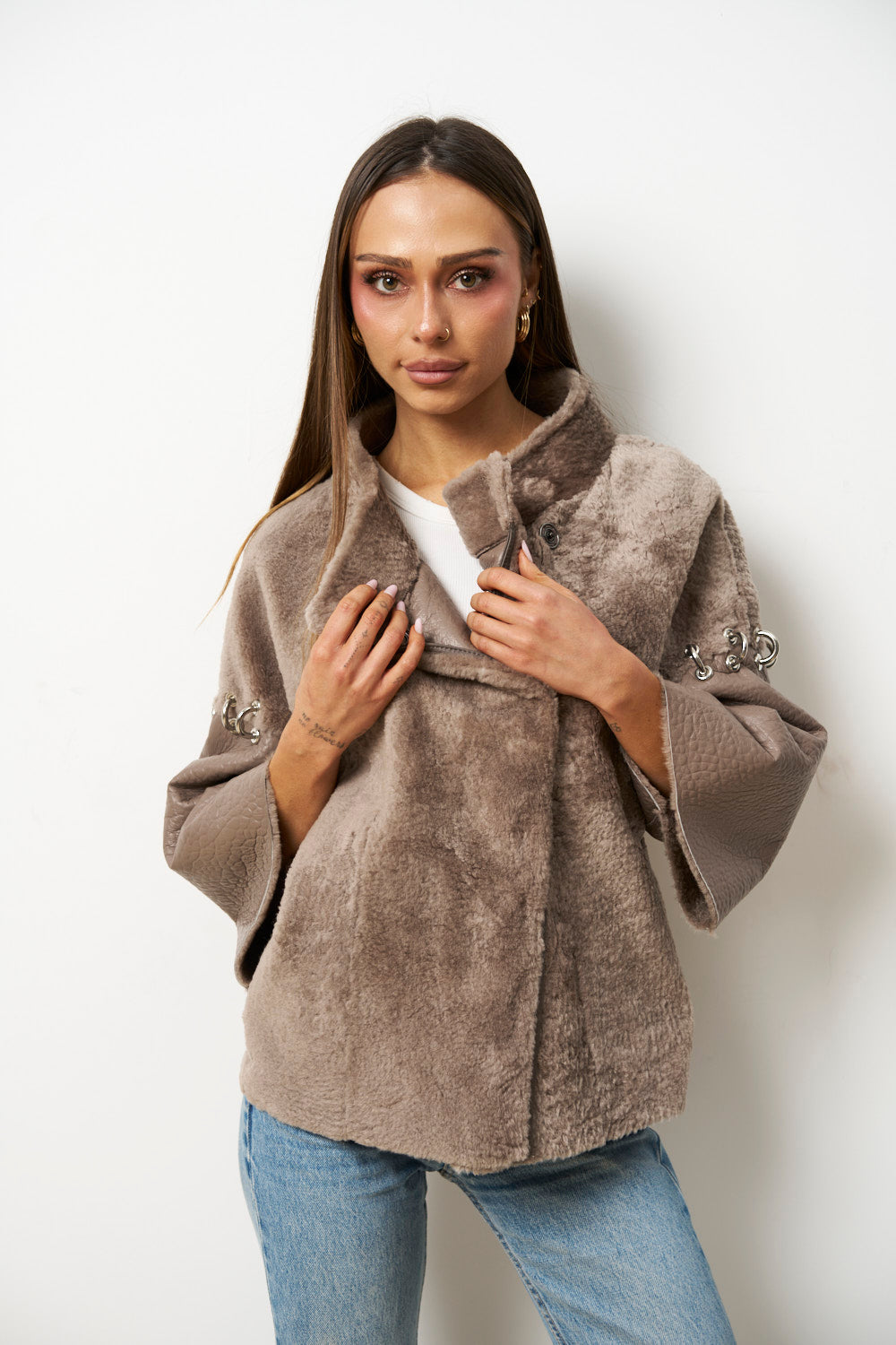 Poncho din Piele și Blană Naturală Shearling pentru Femei, Maro, Mareus