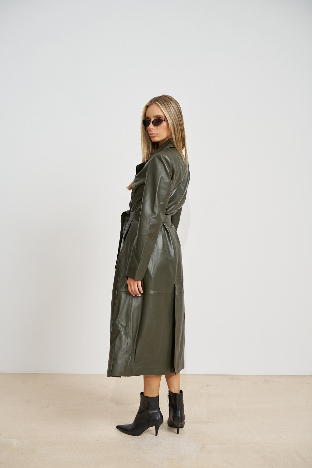 Trench Lung din Piele Naturală, cu Cordon, Olive 668